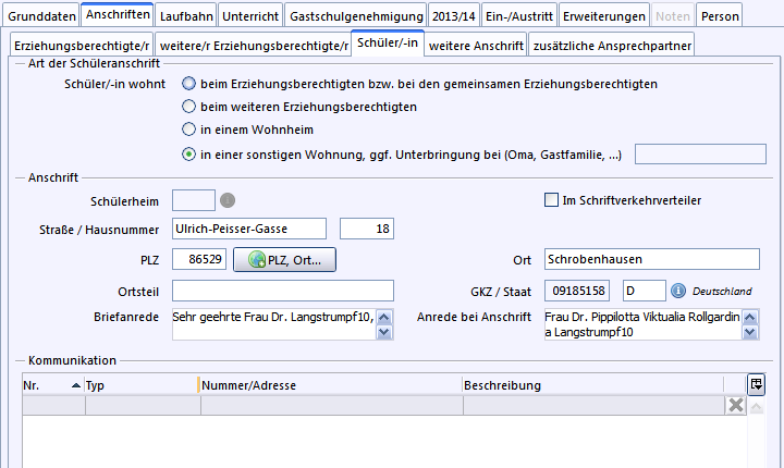 Anschrift Schüler