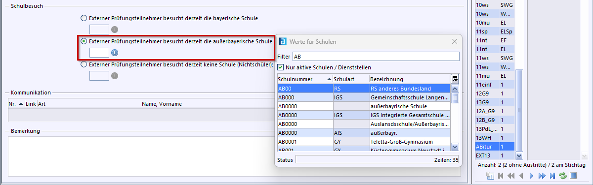 Modul Schüler auf dem Reiter Grunddaten - Erfassung als Schülerin bzw. Schüler einer außerbayerischen Schule